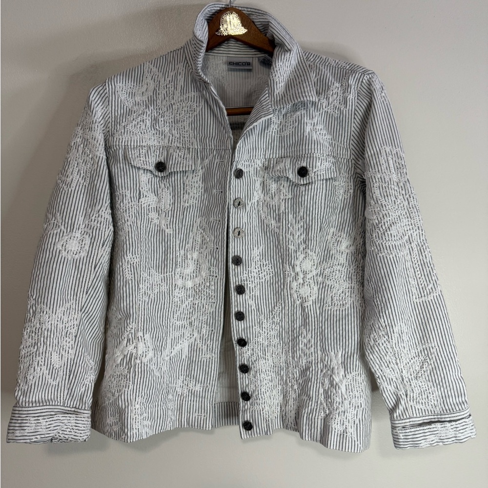 Chico's Denim Embroidered White Striped Women's Jacket in size medium (1)